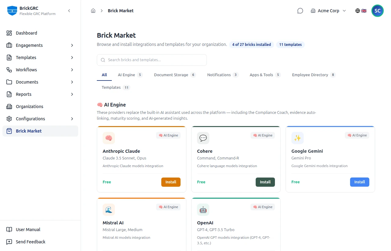BrickGRC Brick Market — catalog of installable AI engines and compliance templates