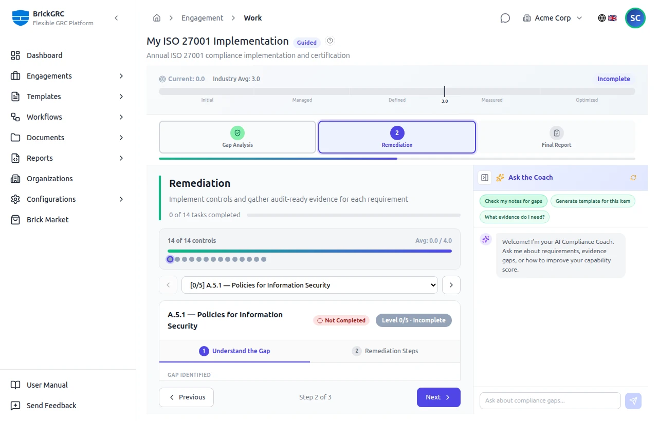 BrickGRC Guided Mode — step-by-step compliance walkthrough with AI Coach and maturity scoring
