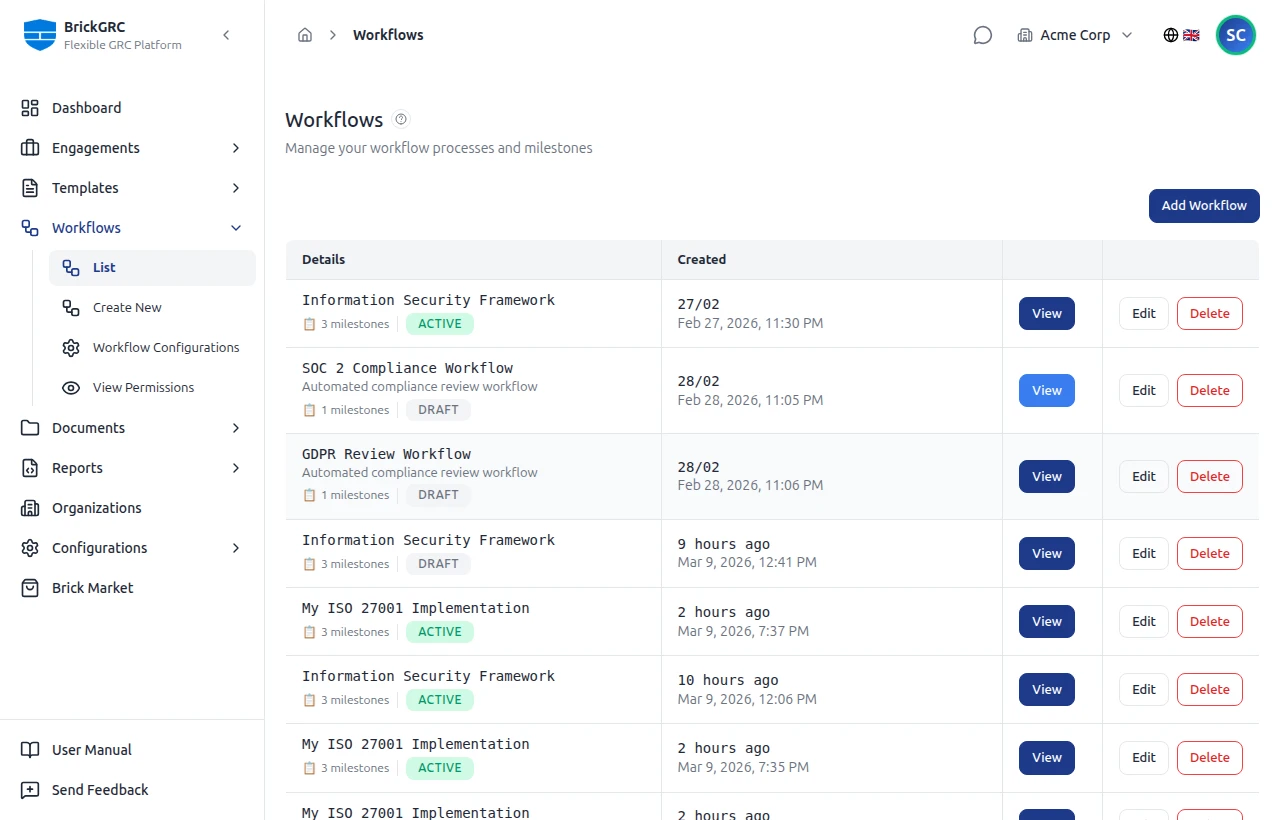 BrickGRC Workflows — custom workflow builder with states and transitions